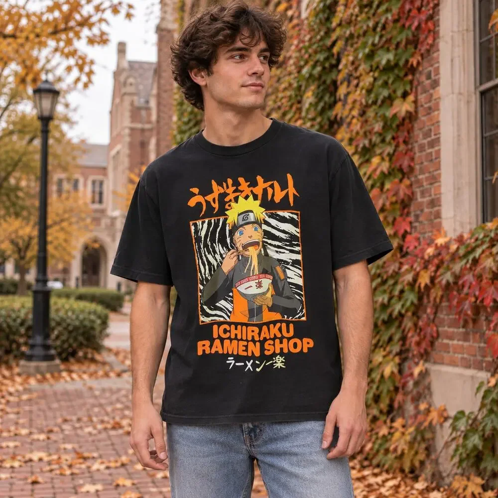 Naruto Shippuden Ichiraku Ramen Shop Vintage Anime Graphic T-Shirt Black Size L